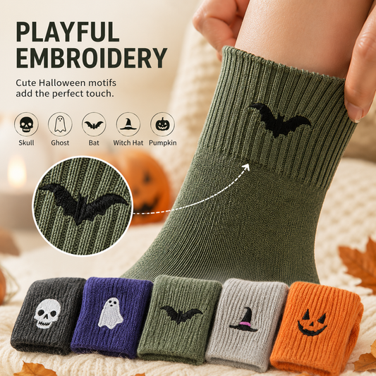 Unisex Halloween Embroidered Mid-Calf Socks Thick Knitted Cozy Warm Stockings