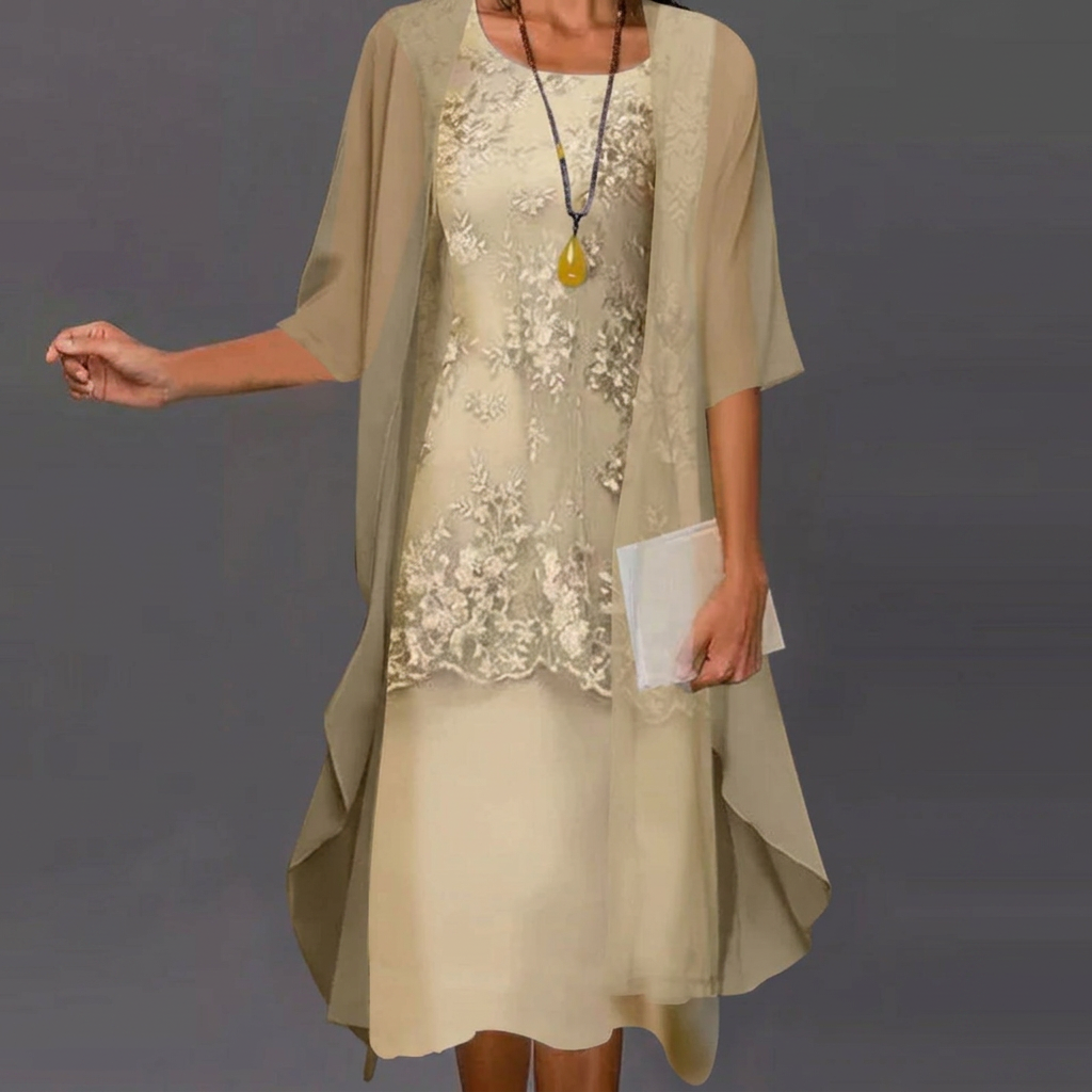 Two Piece Chiffon Dress with Lace Accents and Flowing Fabric for Formal Events