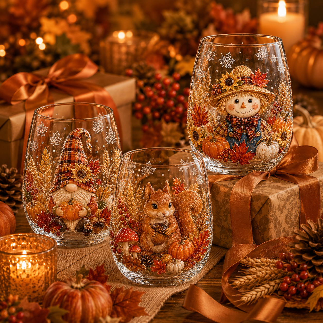 Autumn Harvest 3D Glass Cup Gift Set – 6 Festive Designs
