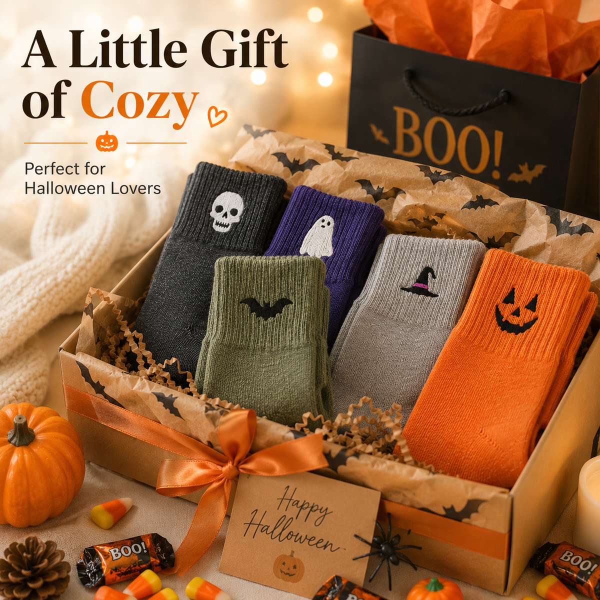 Unisex Halloween Embroidered Mid-Calf Socks Thick Knitted Cozy Warm Stockings