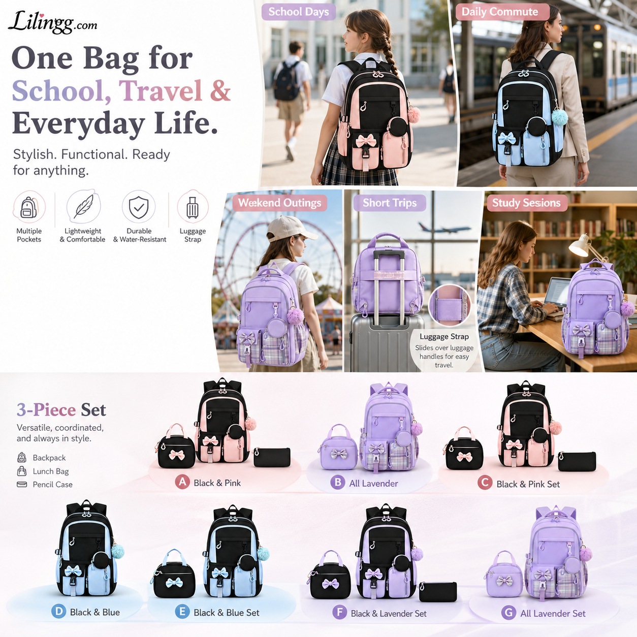 Cute Bowknot Lightweight School Backpack – Water Repellent & Anti-Theft!