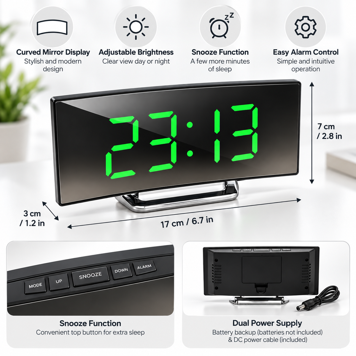 Digital Alarm Clock Led Mirror Curved Display