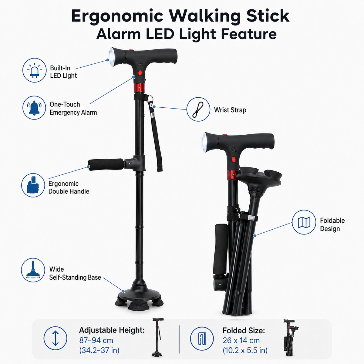 Ergonomic Walking Stick Alarm LED Light Feature