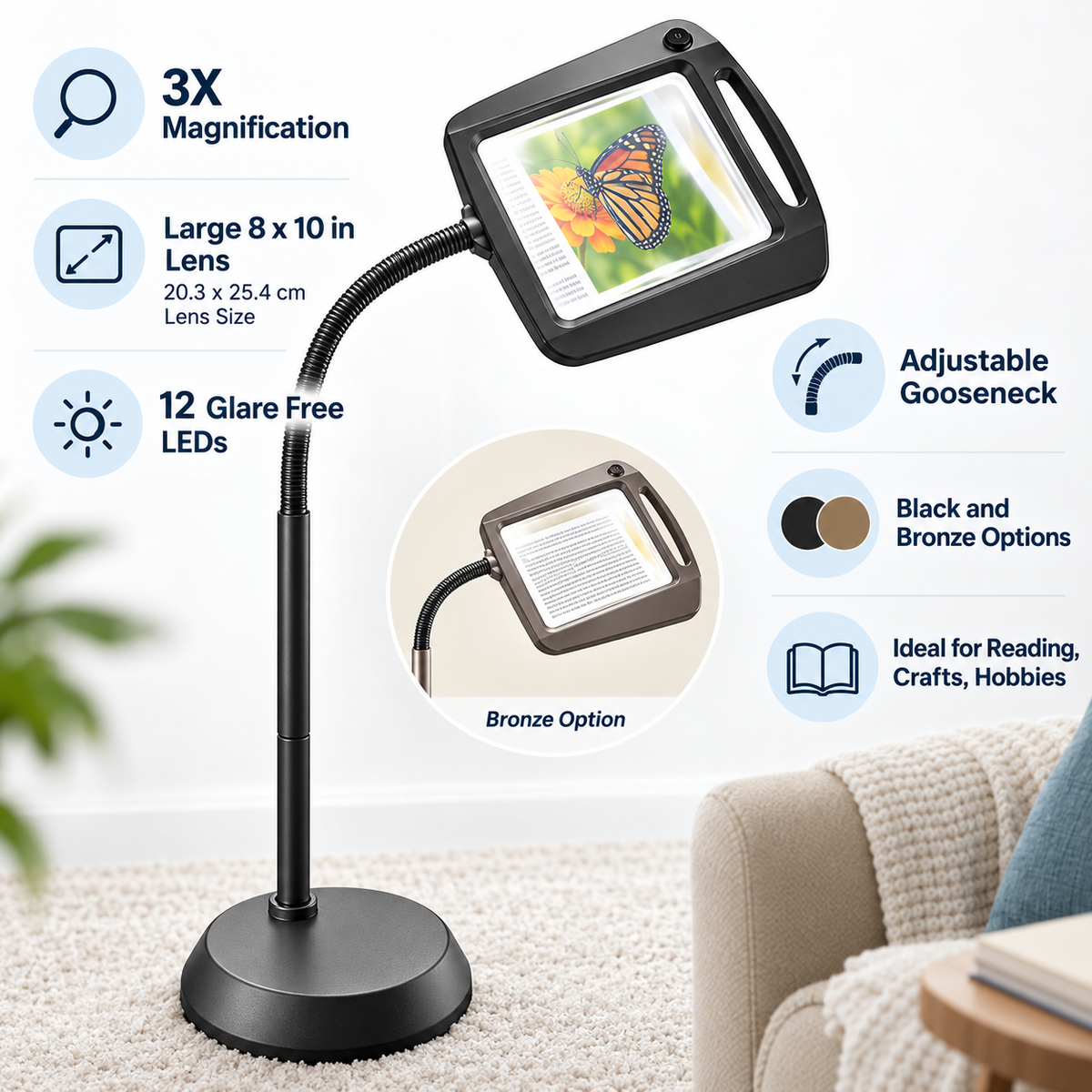 Floor Magnifying Lamp Large Lens LED Adjustable Height