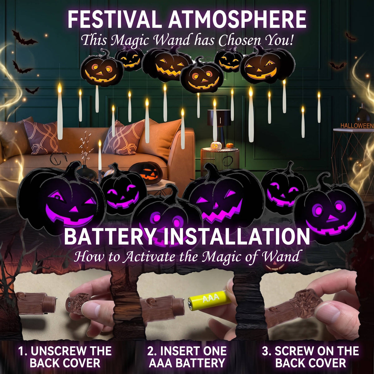 20 Pcs Floating Candles, Halloween Decorations with Wand Timer for Indoor Party Decor and Haunted House Displays