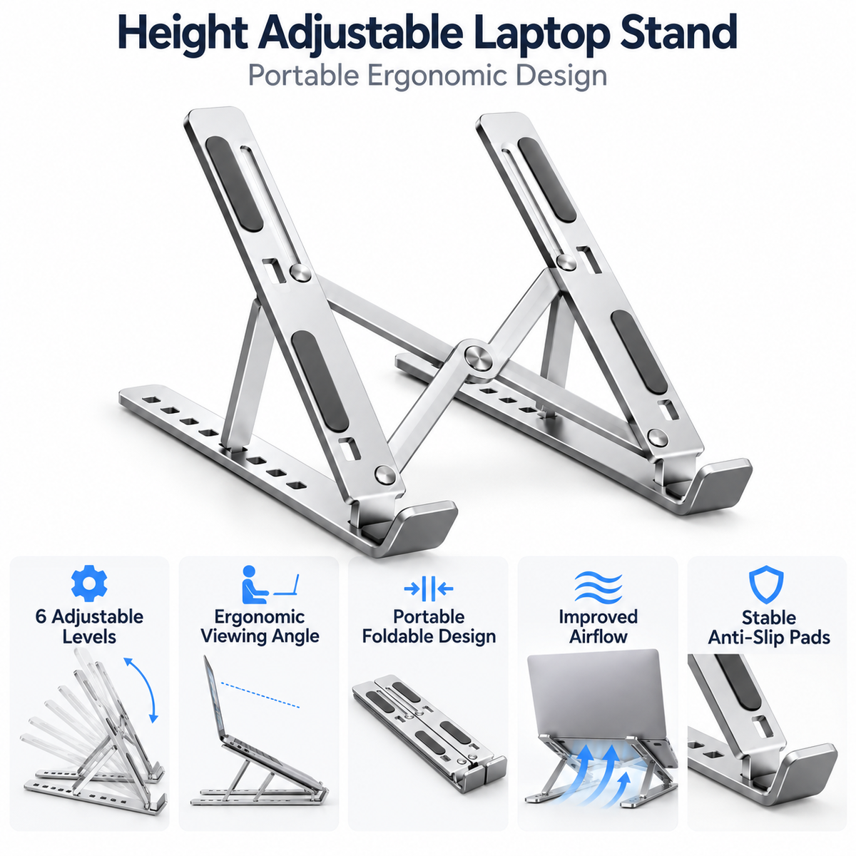 Height Adjustable Laptop Stand Portable Ergonomic Design