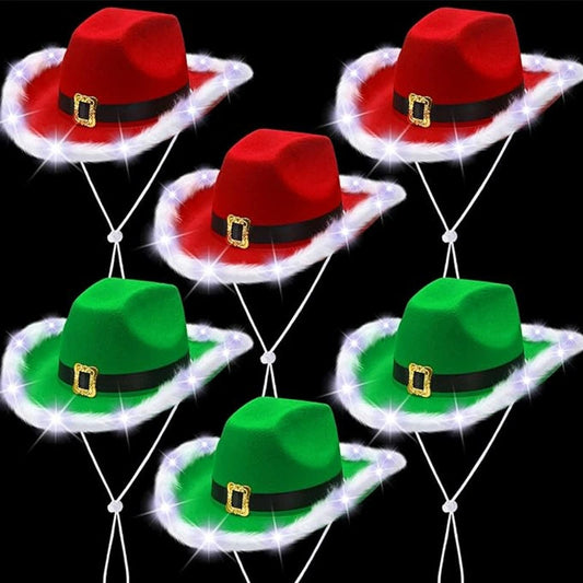 Light Up Santa Cowboy Hat β LED Western Christmas Party Hat for Holiday Costumes, Festivals and Photo Booth Fun