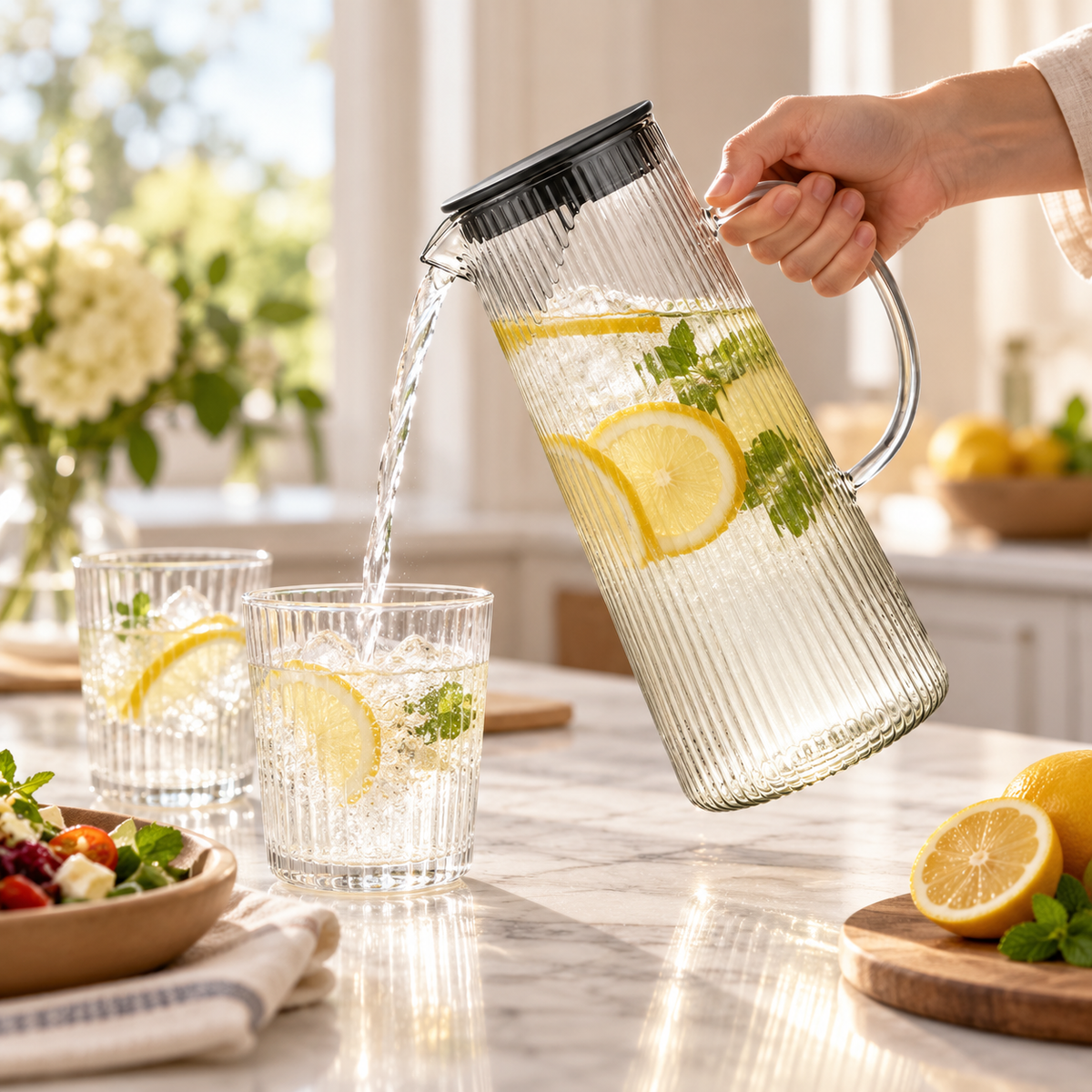 Ribbed Design Glass Pitcher Lemonade Handcrafted