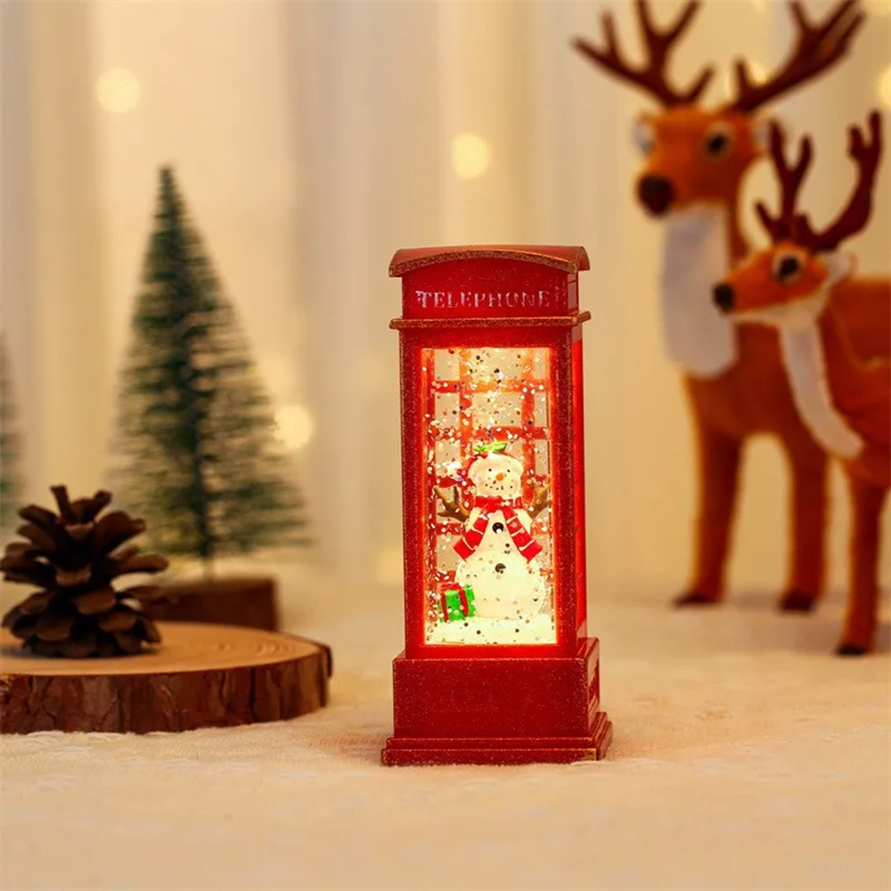 Christmas Phone Booth Ornament – Lighted Santa Snowman Village Decoration for Festive Window Displays