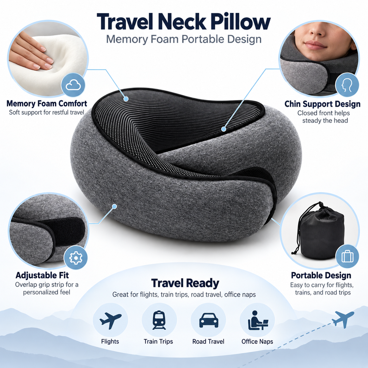 Travel Neck Pillow Memory Foam Portable Design