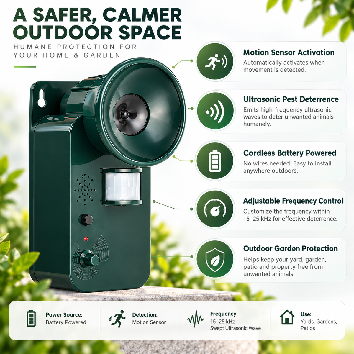 Ultrasonic Animal Repeller Motion Sensor Cordless Outdoor