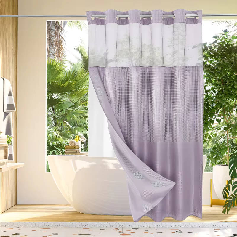 No Hook Waffle Pattern Shower Curtain with Mesh Window