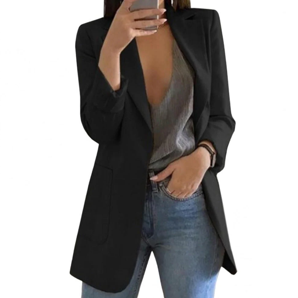 Women's Long Wool Blazer with Open Front Design and Tailored Fit
