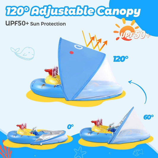 Inflatable Baby Pool Float with Adjustable Four-Position Canopy and Dual Air Chambers
