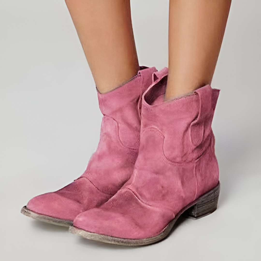 Women's Western Ankle Boots with Rounded Toe and Low Block Heel
