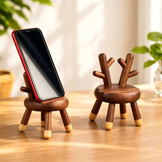 Natural Walnut Deer Phone Stand: Timeless Handmade Desk Accessory