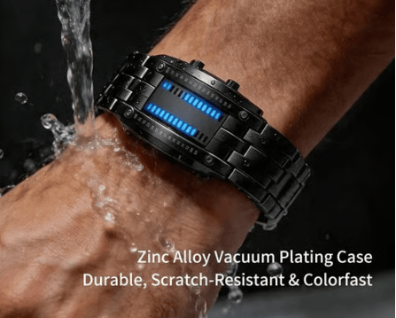 Binary LED Digital Watch, Square Face with Stainless Zinc Alloy Band, Unisex Casual Timepiece