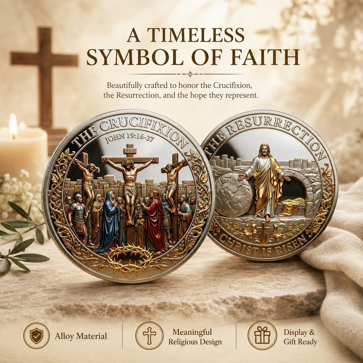 Cross & Resurrection Memorial Coin – Alloy Relief Keepsake for Faith and Remembrance