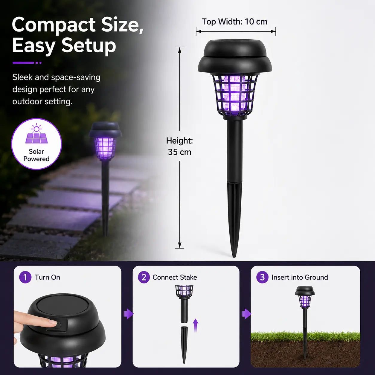 Solar Bug Zapper and Pathway Light with Automatic Dusk Sensor, Ground Stake Installation