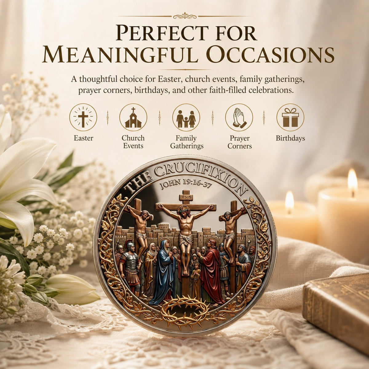 Cross & Resurrection Memorial Coin – Alloy Relief Keepsake for Faith and Remembrance