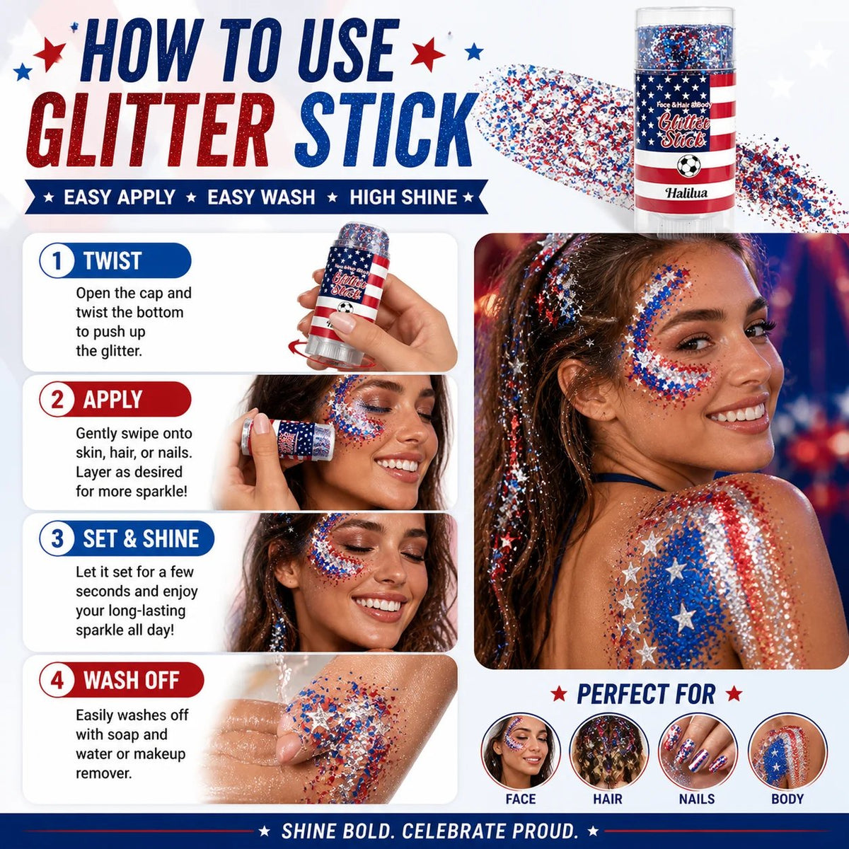 4th of July Glitter Stick - Red, White & Blue Body & Hair Sparkle