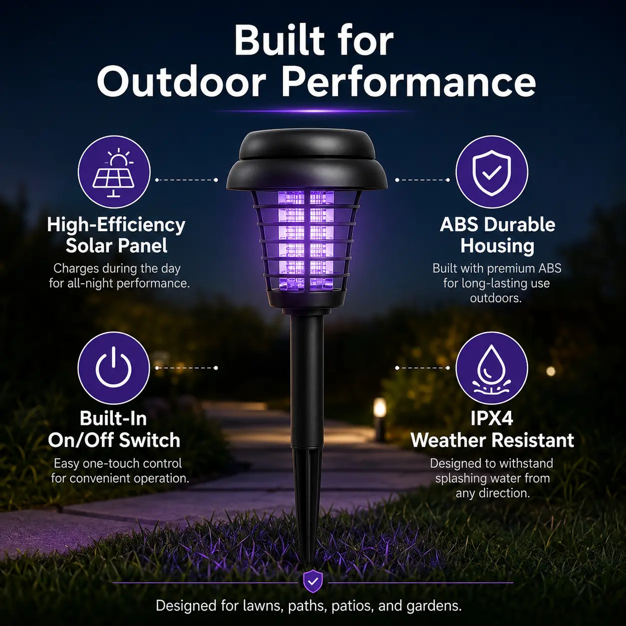 Solar Bug Zapper and Pathway Light with Automatic Dusk Sensor, Ground Stake Installation