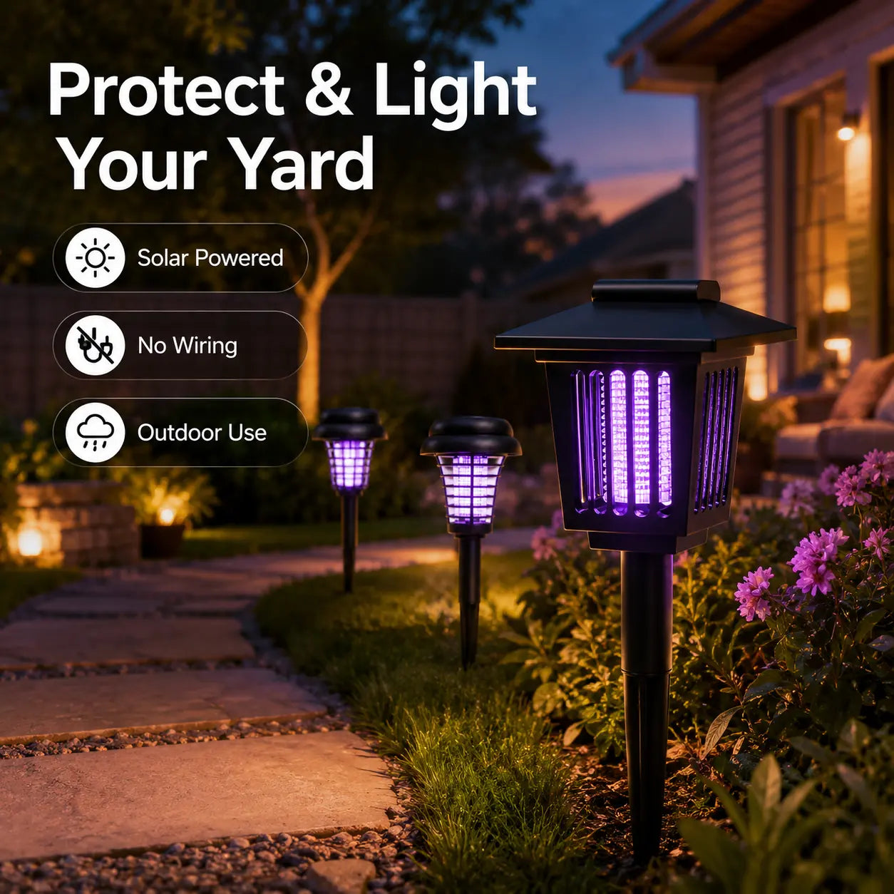 Solar Bug Zapper and Pathway Light with Automatic Dusk Sensor, Ground Stake Installation