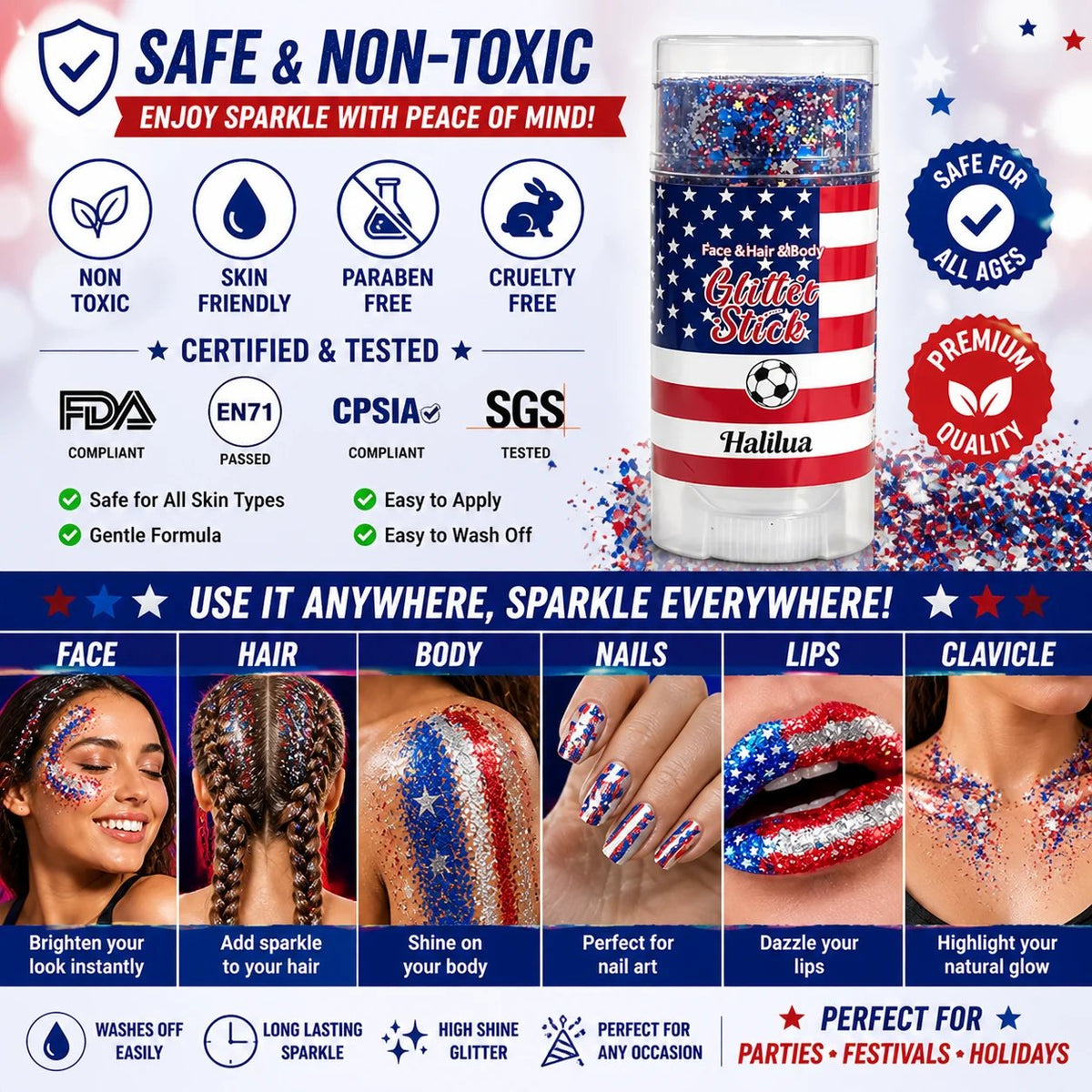 4th of July Glitter Stick - Red, White & Blue Body & Hair Sparkle