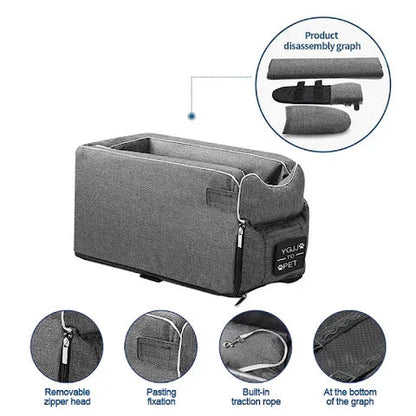 Small Pet Car Seat with Safety Lanyard and Four-Sided Walls for Dogs and Cats