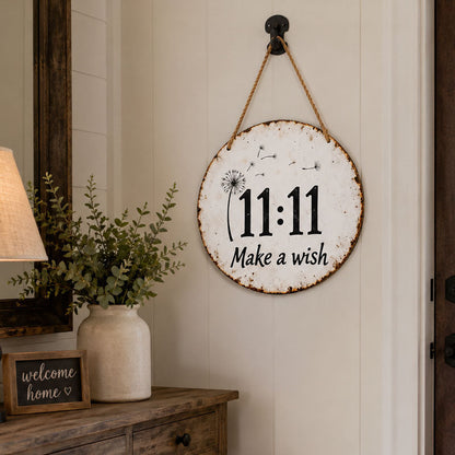 Circular rustic metal sign with dandelion 11:11 make a wish design