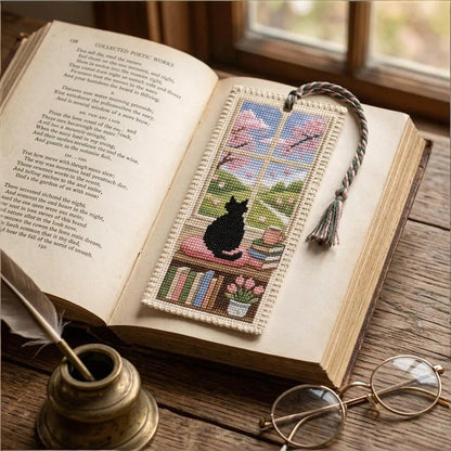 Seasonal Cat Cross Stitch Bookmark – Cozy Reading Companion
