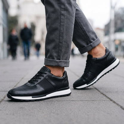 Leather Sneakers with Metal Eyelet Lacing and Padded Ankle Collar