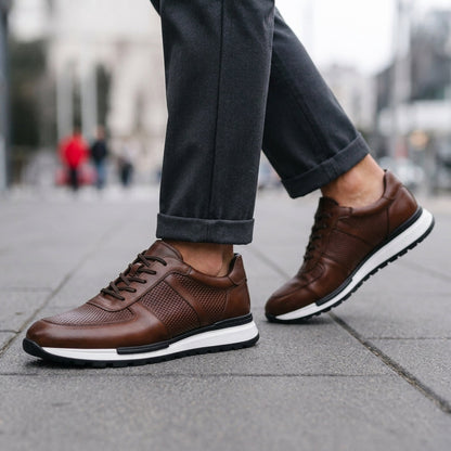 Leather Sneakers with Metal Eyelet Lacing and Padded Ankle Collar