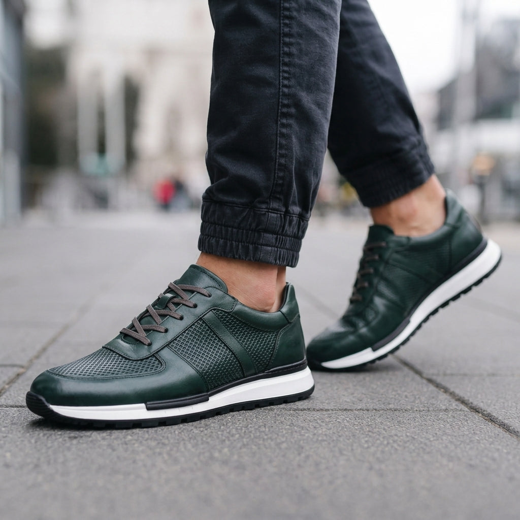 Leather Sneakers with Metal Eyelet Lacing and Padded Ankle Collar