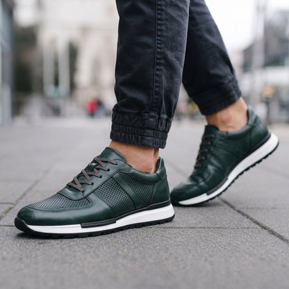 Leather Sneakers with Metal Eyelet Lacing and Padded Ankle Collar