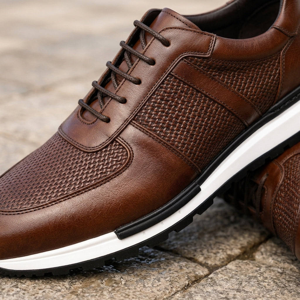 Leather Sneakers with Metal Eyelet Lacing and Padded Ankle Collar