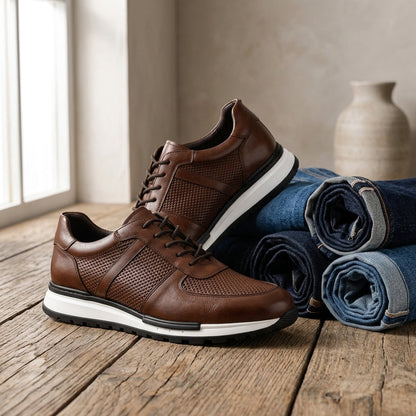 Leather Sneakers with Metal Eyelet Lacing and Padded Ankle Collar