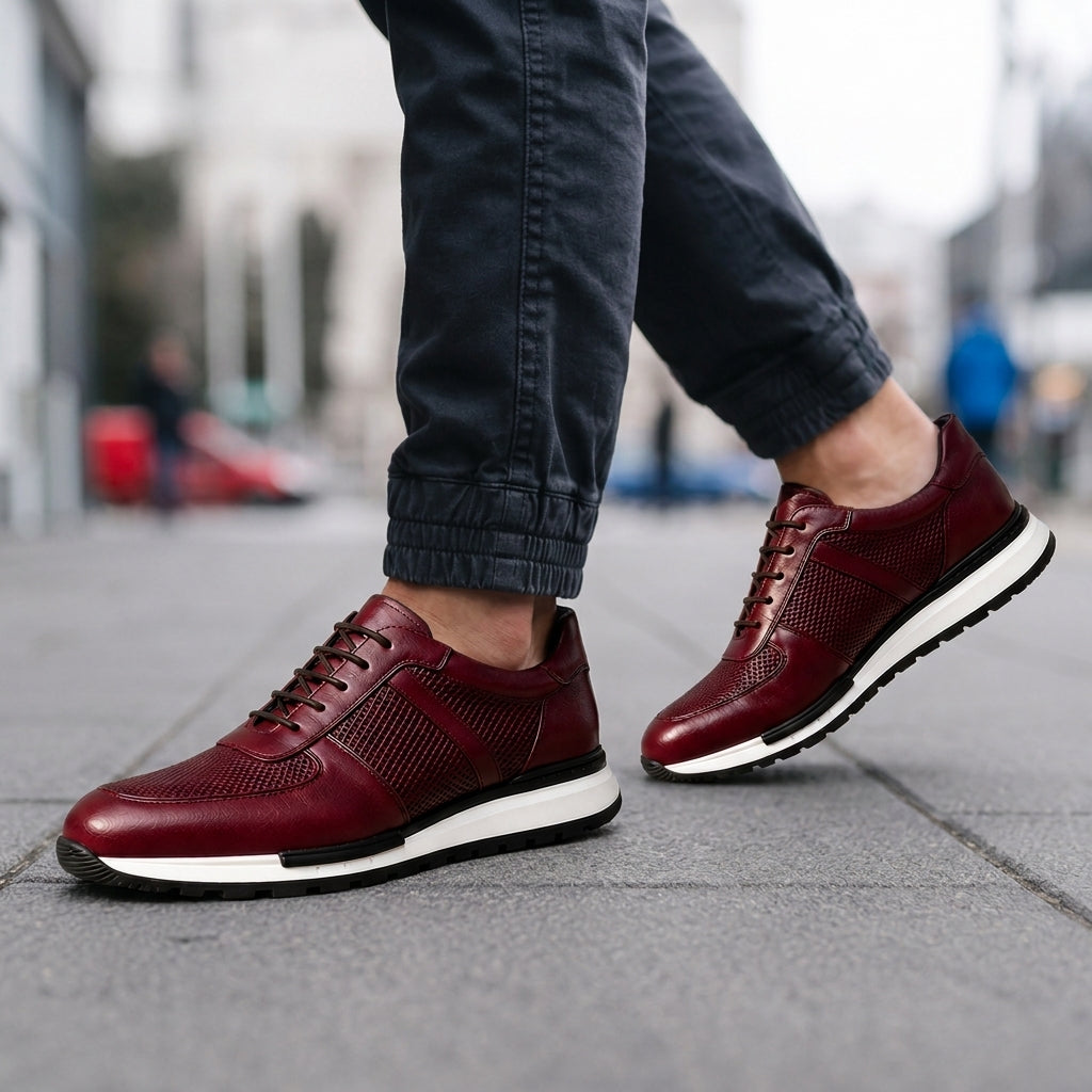 Leather Sneakers with Metal Eyelet Lacing and Padded Ankle Collar