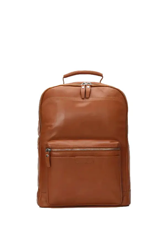 Happy Shopee Full Grain Milled Leather Backpack in Cognac Tan - 16" Tech-Ready Commuter