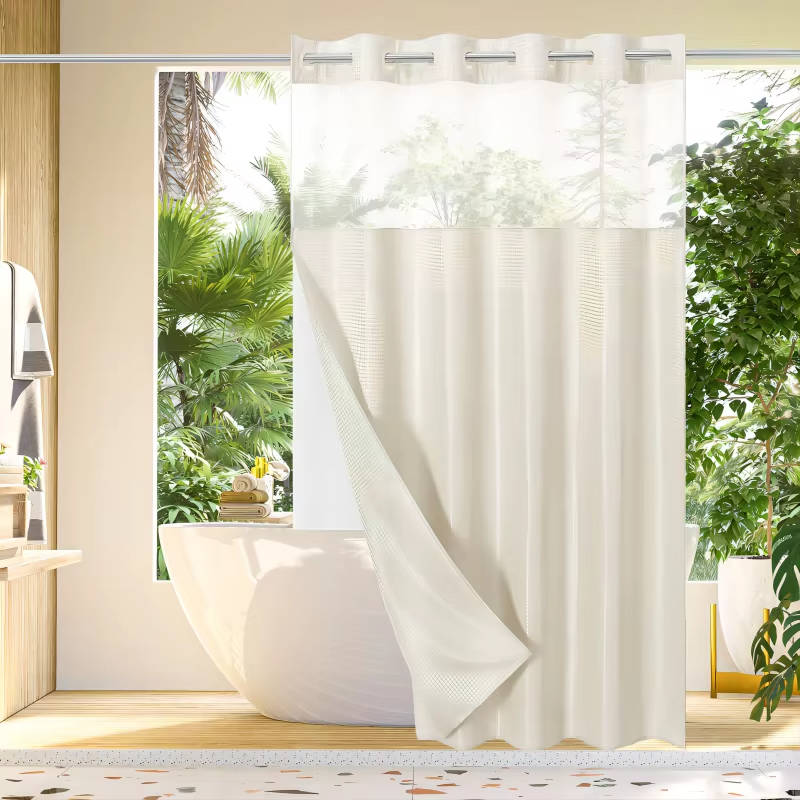 No Hook Waffle Pattern Shower Curtain with Mesh Window