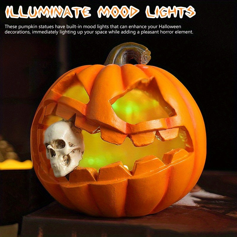 Carved Jack O'Lantern Ornament with Skull Insert and Resin Construction