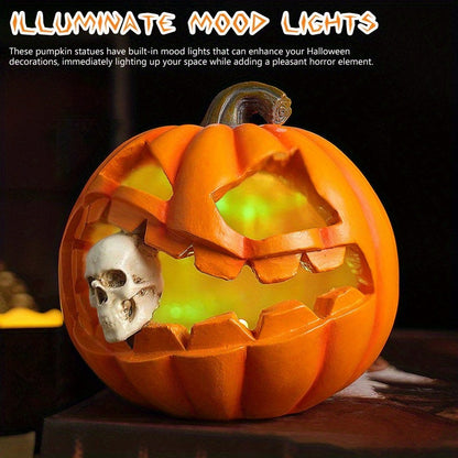 Carved Jack O'Lantern Ornament with Skull Insert and Resin Construction