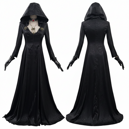 Vampire Lady Cosplay Outfit with Jacquard Coat and Floor Length Gown, Choker Pendant