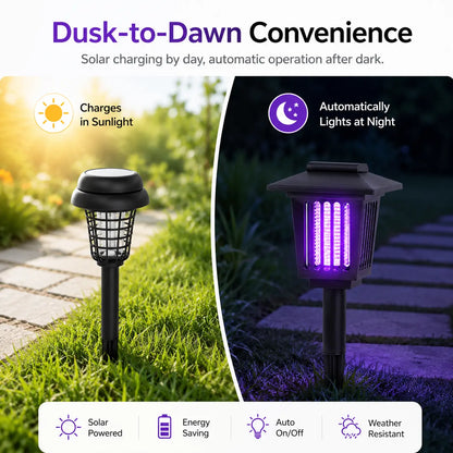 Solar Bug Zapper and Pathway Light with Automatic Dusk Sensor, Ground Stake Installation