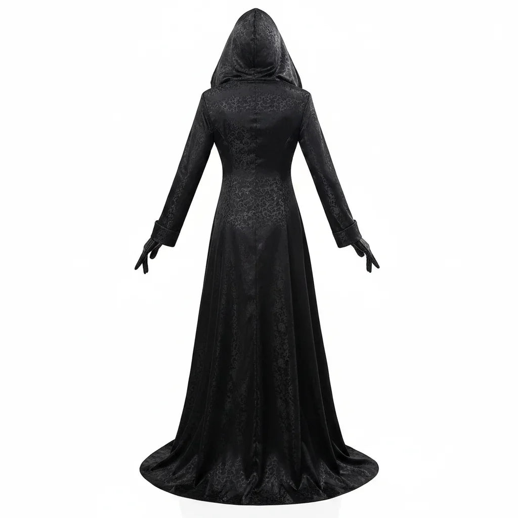 Vampire Lady Cosplay Outfit with Jacquard Coat and Floor Length Gown, Choker Pendant