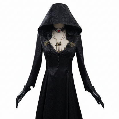 Vampire Lady Cosplay Outfit with Jacquard Coat and Floor Length Gown, Choker Pendant
