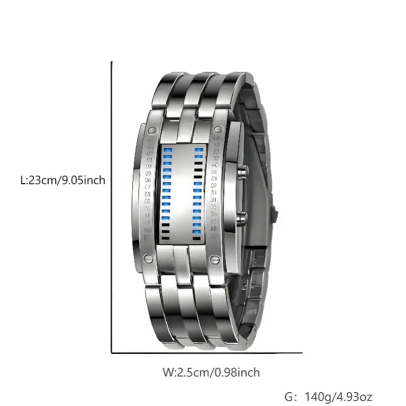 Binary LED Digital Watch, Square Face with Stainless Zinc Alloy Band, Unisex Casual Timepiece