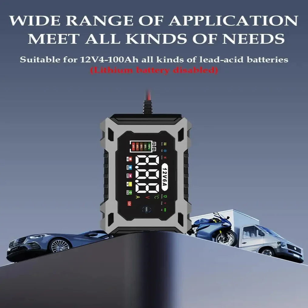 12V Battery Charger with Digital Voltage Display and Four Charging Modes