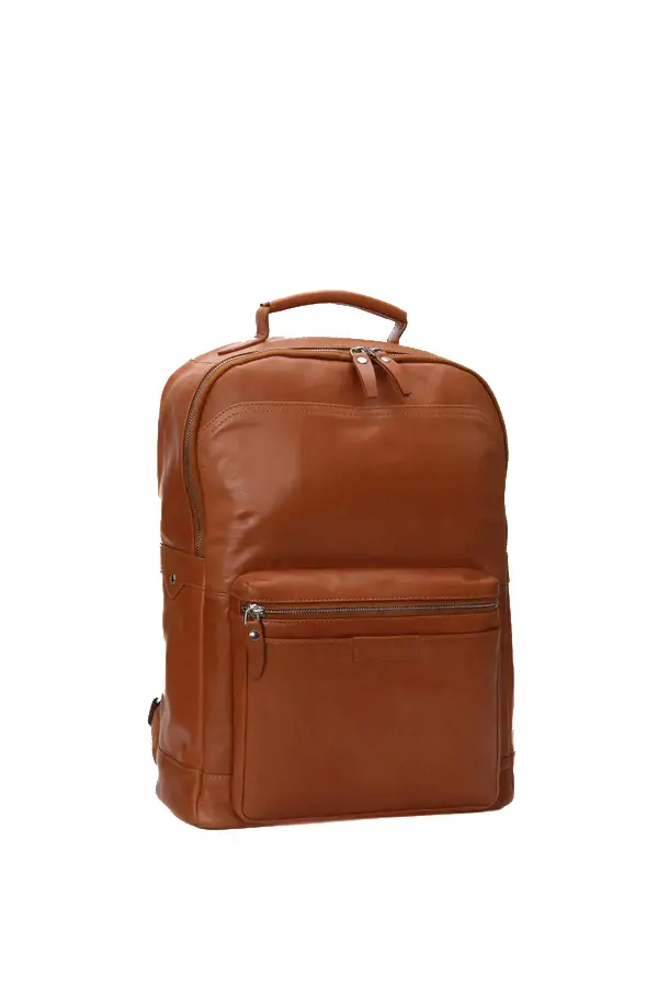 Happy Shopee Full Grain Milled Leather Backpack in Cognac Tan - 16" Tech-Ready Commuter