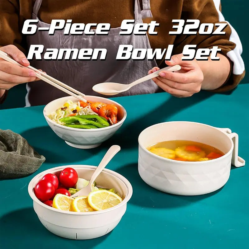 Microwave Ramen Bowl Set with Secure Lid and Cool Handle, 6-Piece Set